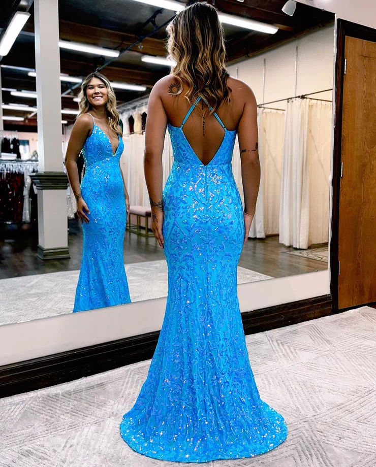 Charming Mermaid V Neck Blue Lace Sequins Long Prom Dresses fg2346