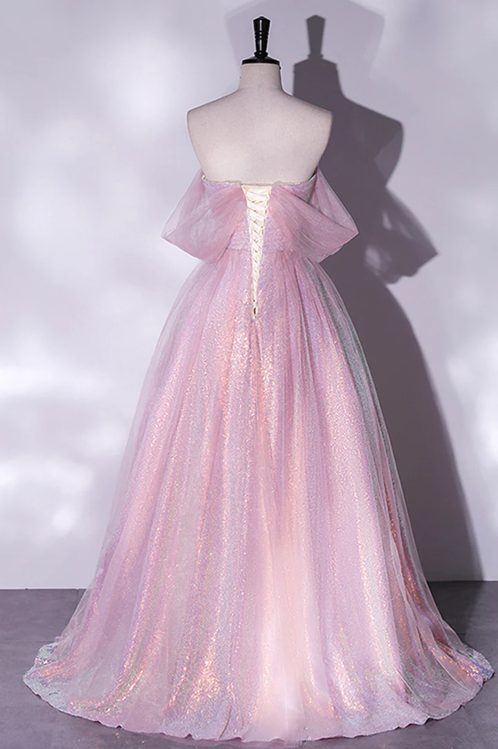 Pink Tulle Sequins Long Prom Dress, A-Line Formal Graduation Dress fg2938