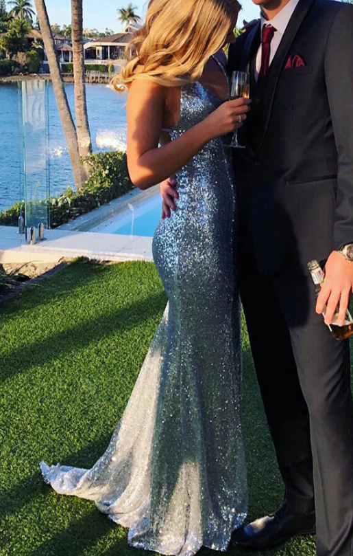 Silver Sequins V Neck Backless Prom Dress with A Sweep Train fg3113