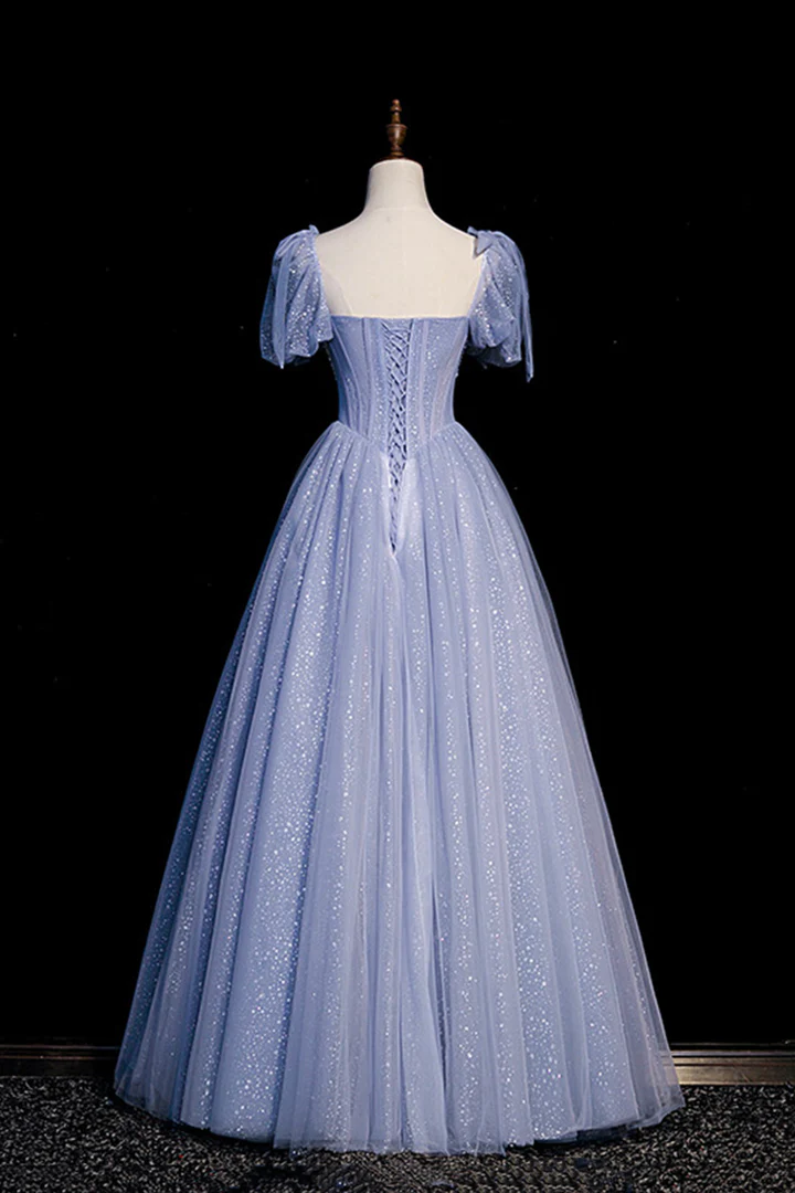 Blue Tulle Long A-Line Prom Dress with Beading fg2228