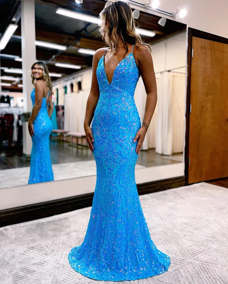 Charming Mermaid V Neck Blue Lace Sequins Long Prom Dresses fg2346