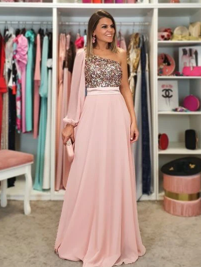 One shoulder long prom dress , unique prom dress fg1451