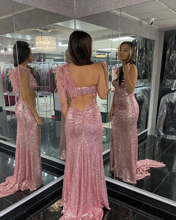 2023 Sparkly Mermaid One Shoulder Blush Sequins Prom Dresses with Slit fg2350