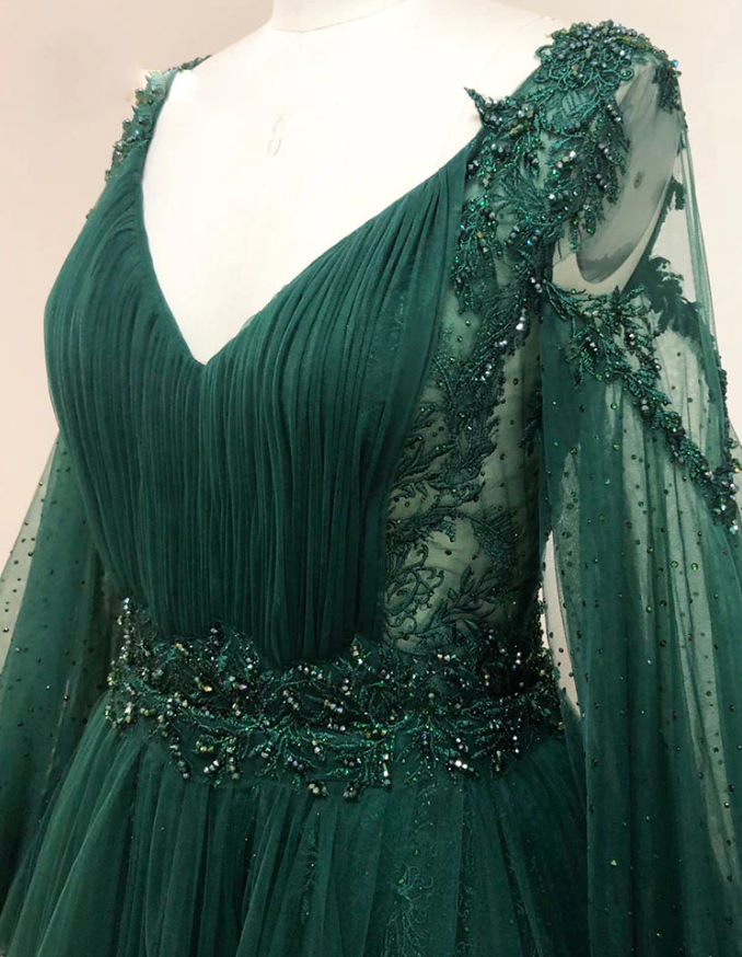 GREEN V NECK LACE A LINE LONG PROM DRESS, GREEN TULLE EVENING DRESS fg1007