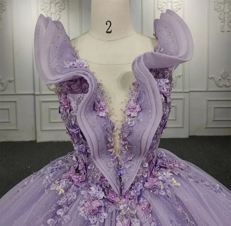 Shimmering Beaded Layered & Ruffled Deep V Neck Quinceañera Princess Ball Gown fg2712