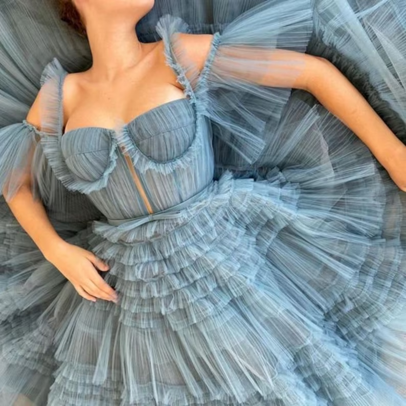 Dusty Blue Tulle Ruffled Gown, Long Tulle Prom Dress, Tiered Skirt Dress fg3271