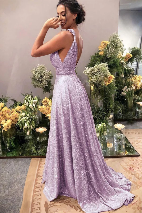 Sparkly Lilac Prom Dresses, Plung Neck Formal Sequins Evening Gown For Women Special Occasions fg3344