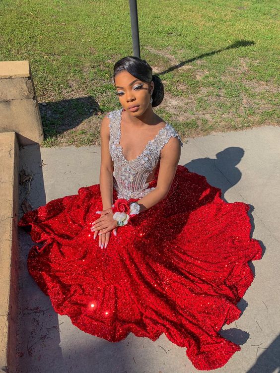 Long Sparkle Sequins Red Prom Dresses Formal Evening Gowns fg3157