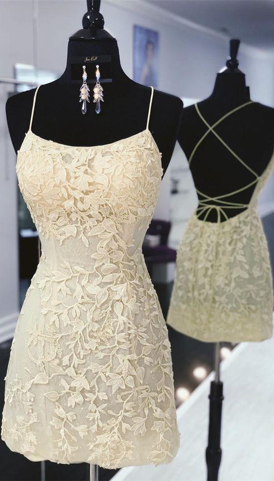 Spaghetti Straps Lace Appliques Homecoming Dress fg02