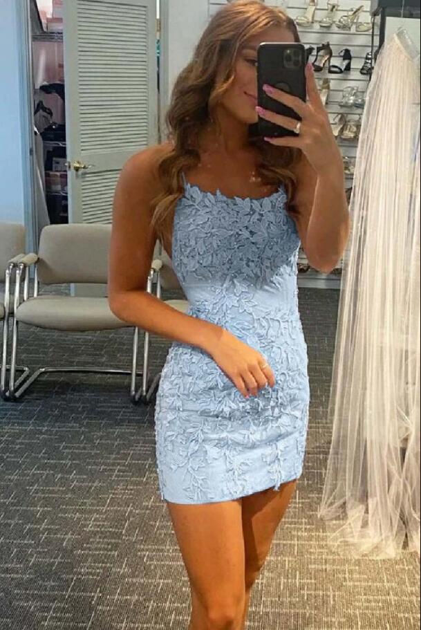 Spaghetti Straps Lace Appliques Homecoming Dress fg02