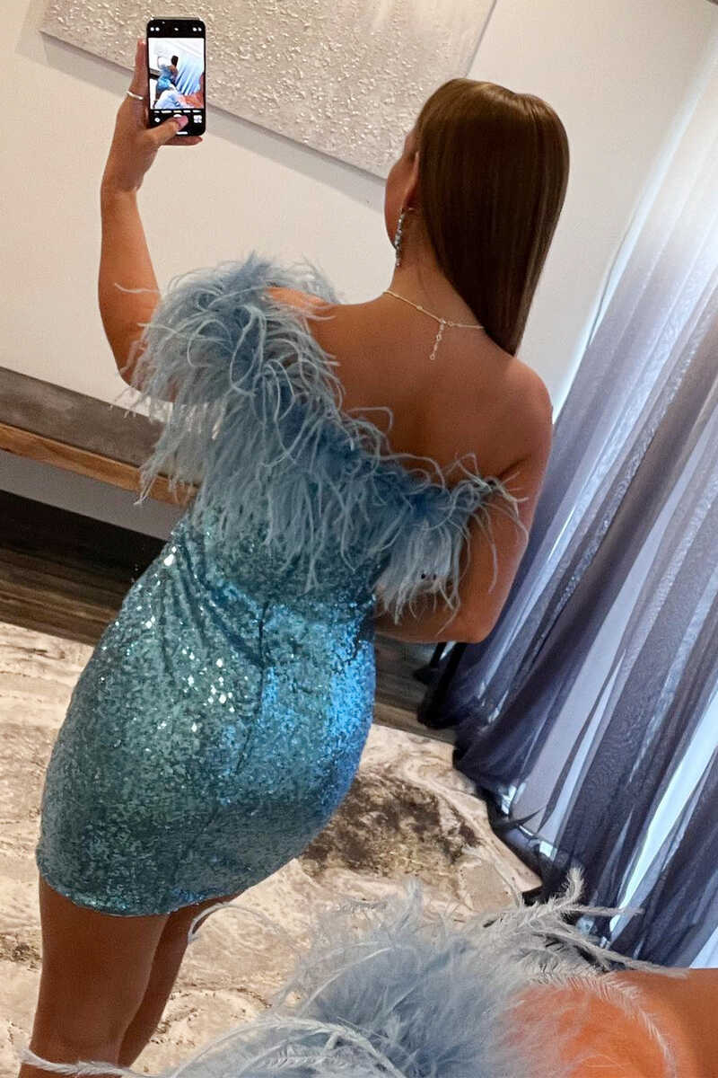 One-Shoulder Light Blue Sequins Feather Mini Homecoming Dress fg07