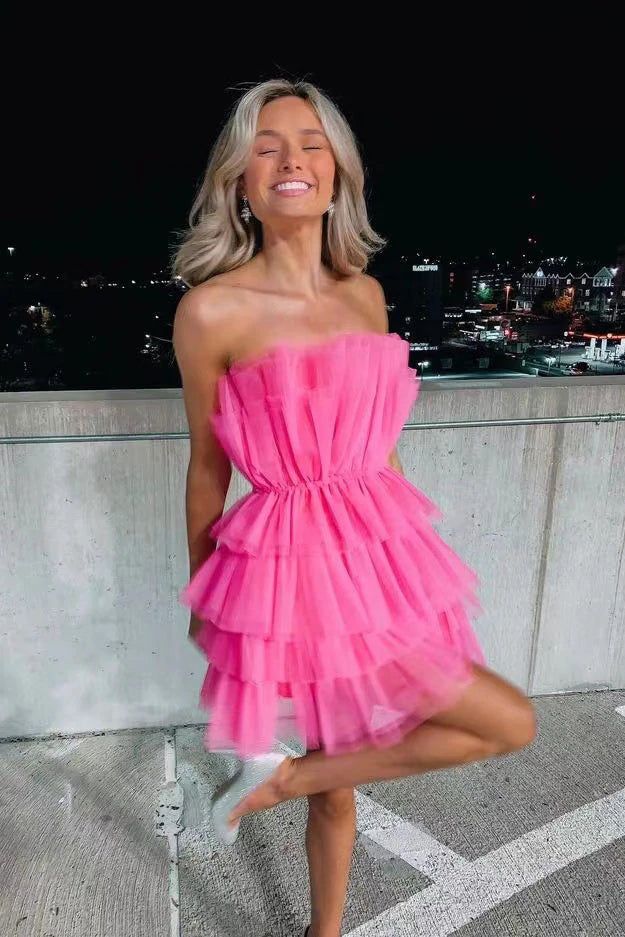 Charming A-Line Hot Pink Short Homecoming Dresses, Strapless Party Dress fg10