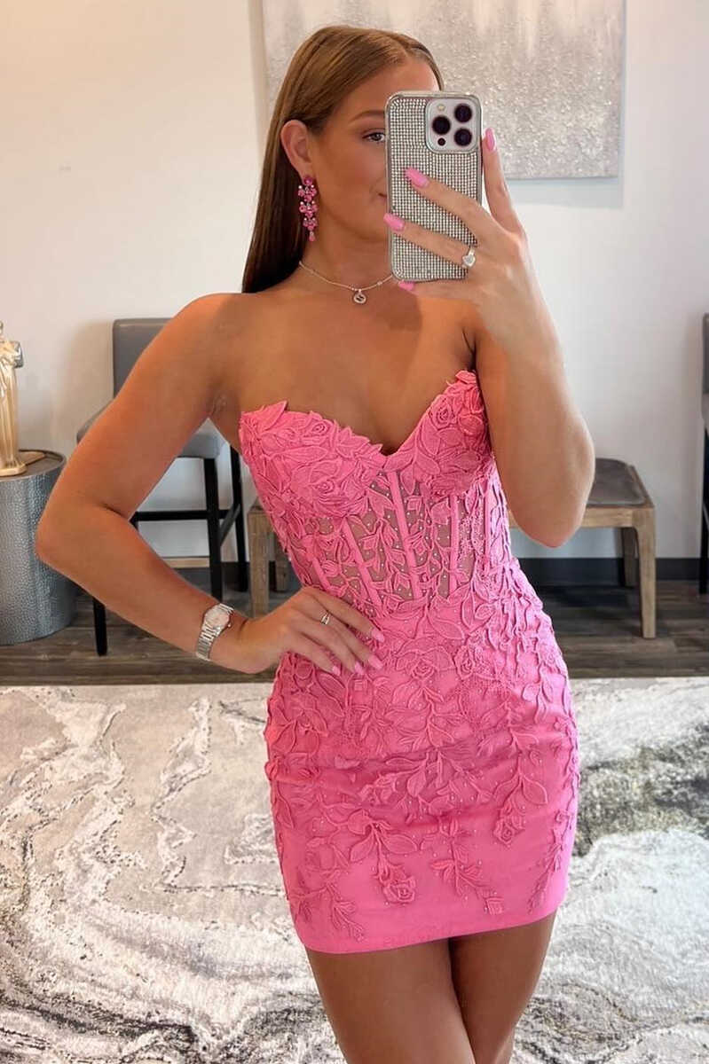 Hot Pink Appliques Strapless Lace-Up Bodycon Mini Homecoming Dress fg11