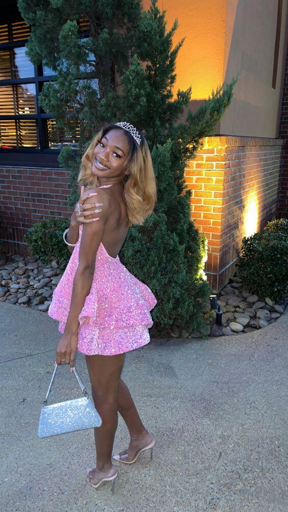 Halter Neckline Short Homecoming Dress Sequins Party Dress New Arrival Party Dress fg110