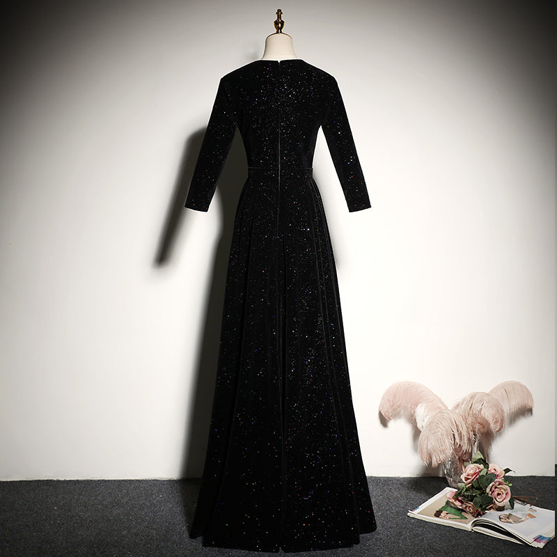 Black velvet evening dress 2022 new long-sleeved prom dress fg181