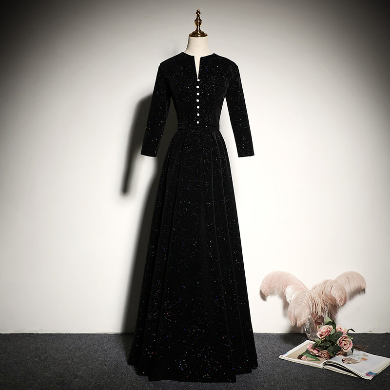 Black velvet evening dress 2022 new long-sleeved prom dress fg181