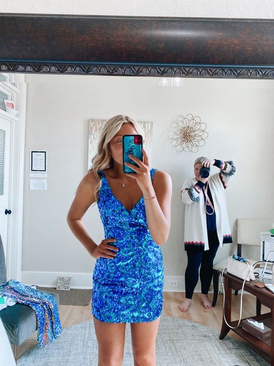 blue short sequin homecoming dresses school party dress fg245