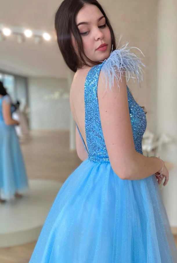 Blue V-neck tulle sequins long prom dress A-line evening dress fg261