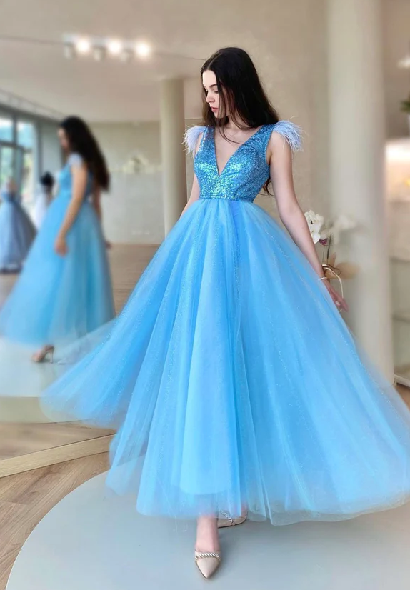 Blue V-neck tulle sequins long prom dress A-line evening dress fg261