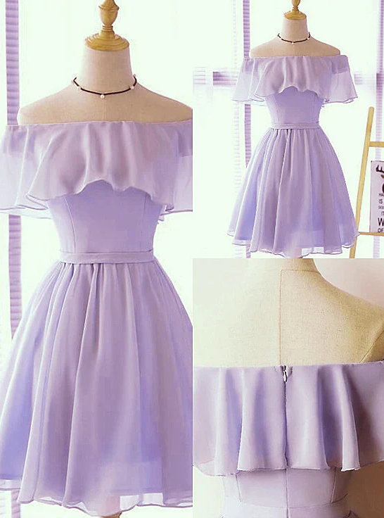 Lovely Short Chiffon Light Purple Party Dress, Off the Shoulder Short Prom Dress fg276