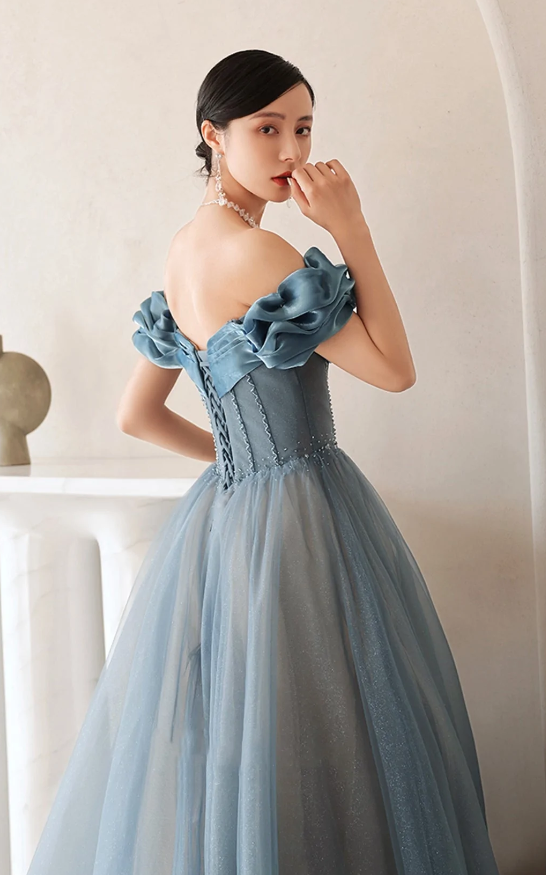 Blue tulle long A line prom dress off shoulder evening dress fg277