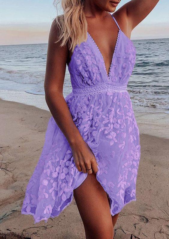 Floral Lace Open Back Spaghetti Strap Purple Short Homecoming Dress fg29