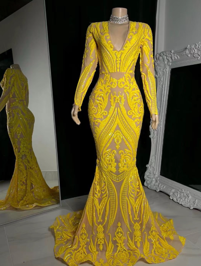 yellow prom dresses, mermaid prom dresses, 2022 prom dresses, long sleeve prom dresses fg299