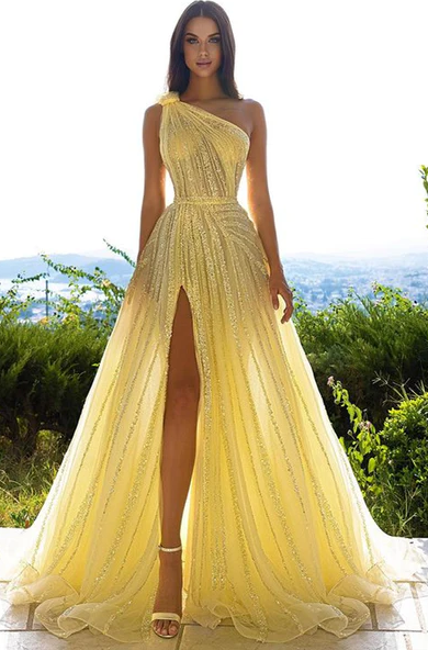 GLITTERING ONE SHOULDER DAFFODIL SEQUINS PROM DRESS LONG SPLIT ONLINE fg346