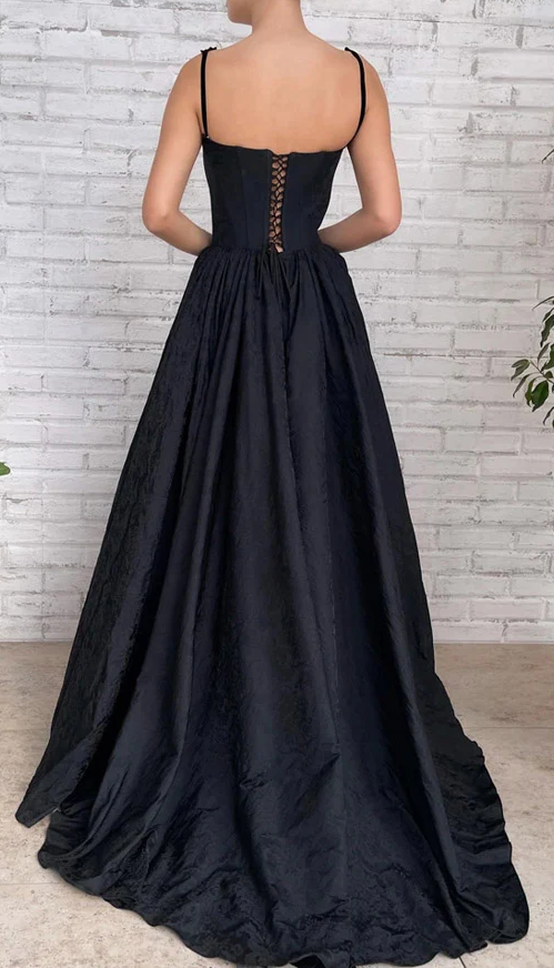 Black A Line Taffeta Long Prom Dress With Slit fg360