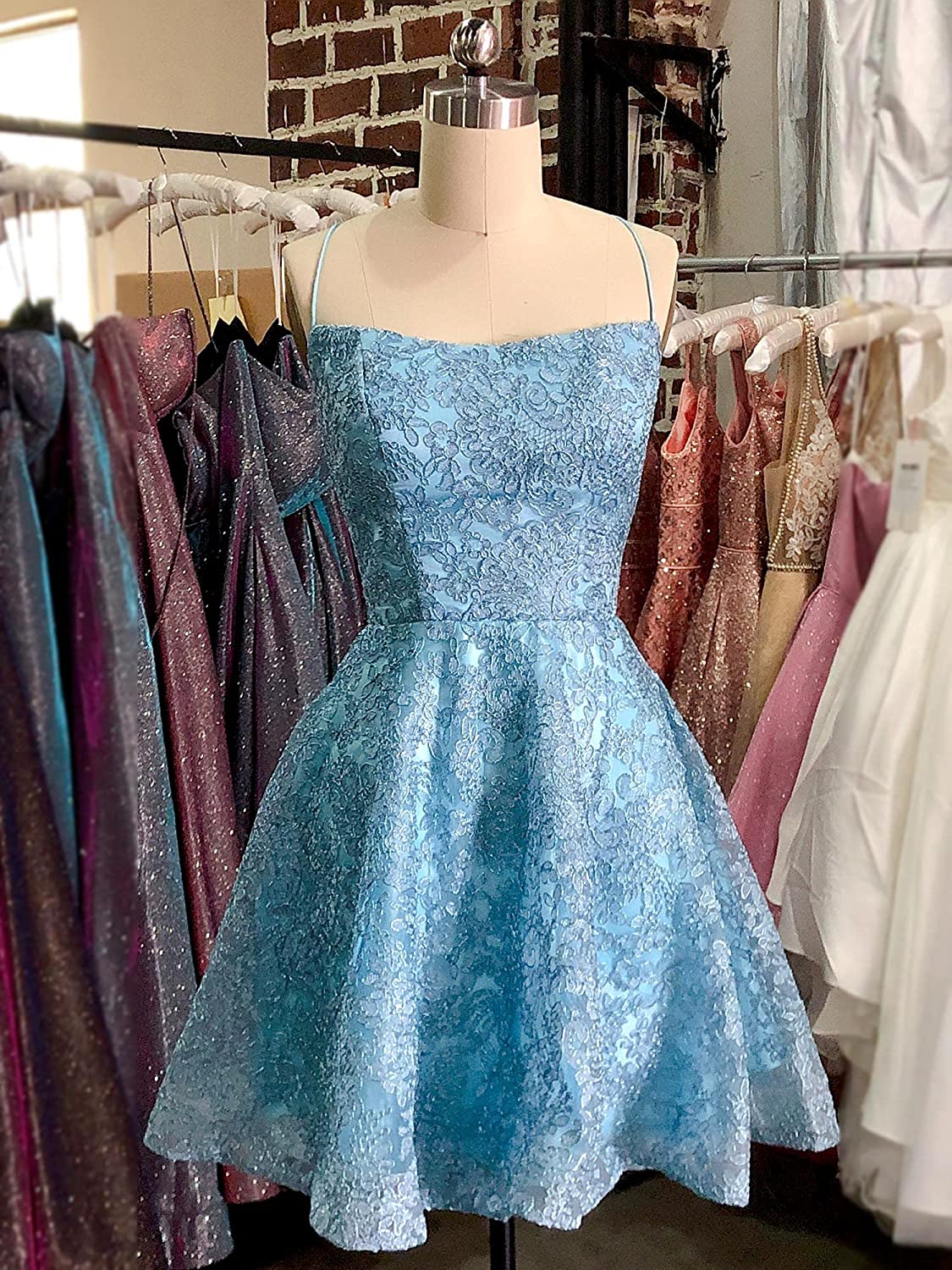 Blue spaghetti straps mini homecoming dress lace party gown fg59