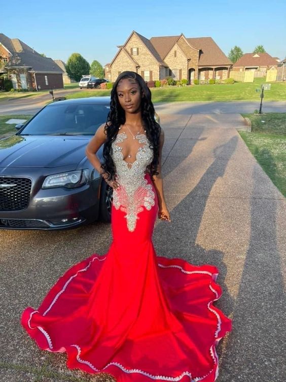 Red Evening Dress Custom Made Black Girl Mermaid Prom Gowns fg65