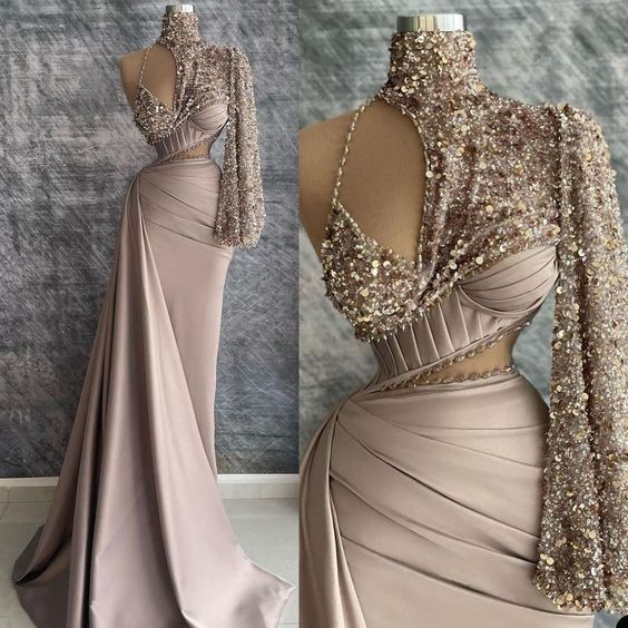 Champagne prom dresses, beaded prom dresses, pleats prom dresses, high neck evening dresses, sequins prom dresses, pearls prom dresses fg658