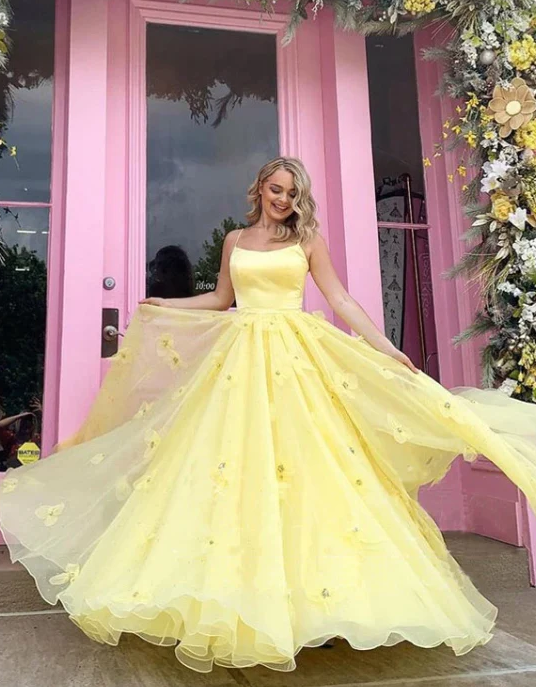 Straps Tulle Bodice 3D Flowers With Back Lace Up Yellow Long Prom Dress fg663