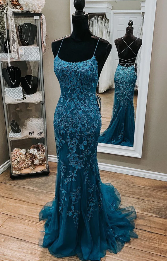 Backless Mermaid Dark Teal Lace Long Prom Dress, Mermaid Teal Lace Long Formal Evening Dress fg679