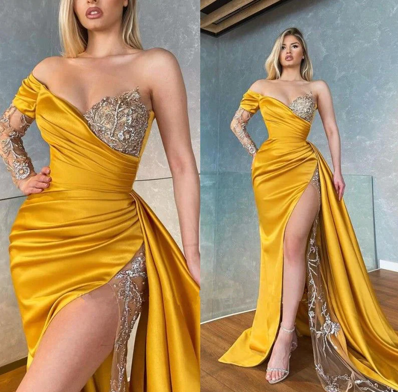 Long Sleeves Yellow Prom Dress Mermaid Split With Sequins Beads fg722