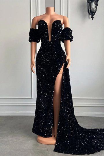 Glamorous Sequins Mermaid Evening Dress Slit With Detachable Sleeve fg729