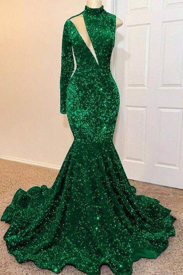 Fabulous Emerald Green Sequins Prom Dress Mermaid One Shoulder Long Sleeves fg730