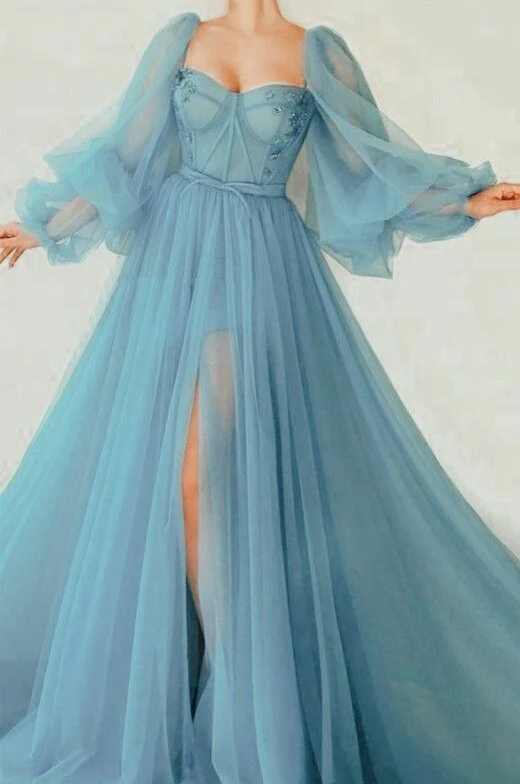 Modest Evening Dress Custom Made Tulle Light Sky Blue Prom Dresses fg757