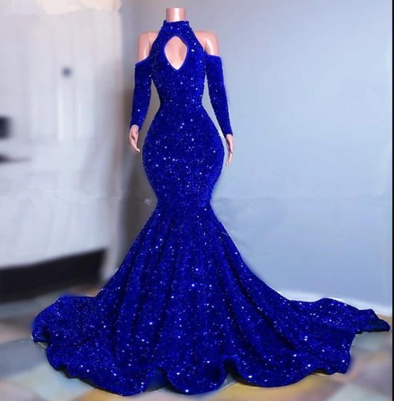 Plus Size Royal Blue Sparkly Sequins Prom Dresses Long Sleeves Mermaid Evening Gowns fg80