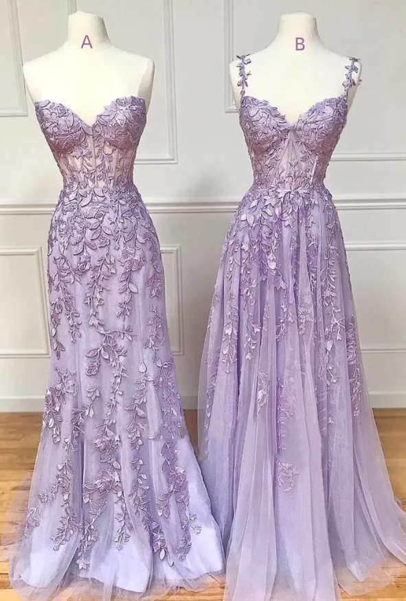 Purple tulle lace long prom dress purple evening dress fg823