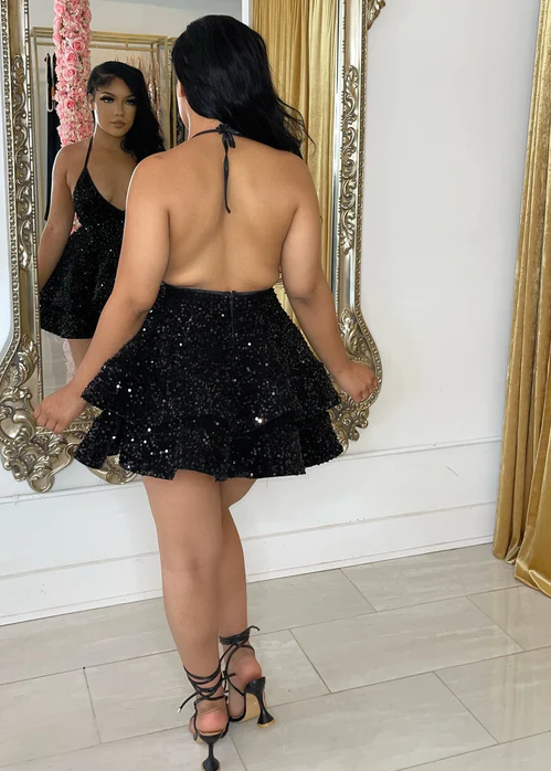 Sexy Black Sparking Short Cocktail Dresses Back Open Tiered Sequin Graduation Gown fg830