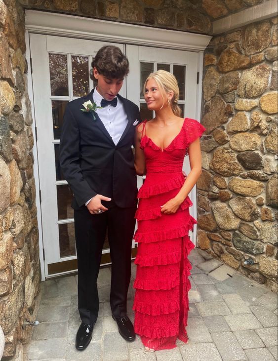 long red prom dresses, sexy lace evening dress with slit fg833