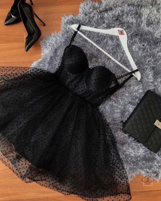 Black polka dot Tulle strapless corset short dress homecoming dresses fg843