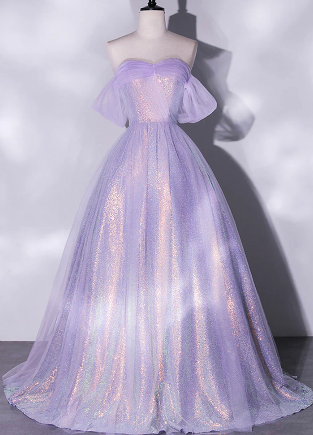 Shiny tulle sequins long purple prom dress A-line evening dress fg966