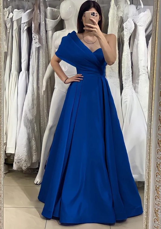 Simple One Shoulder Satin Blue Long Prom Dresses, Blue Formal Dreses fg968