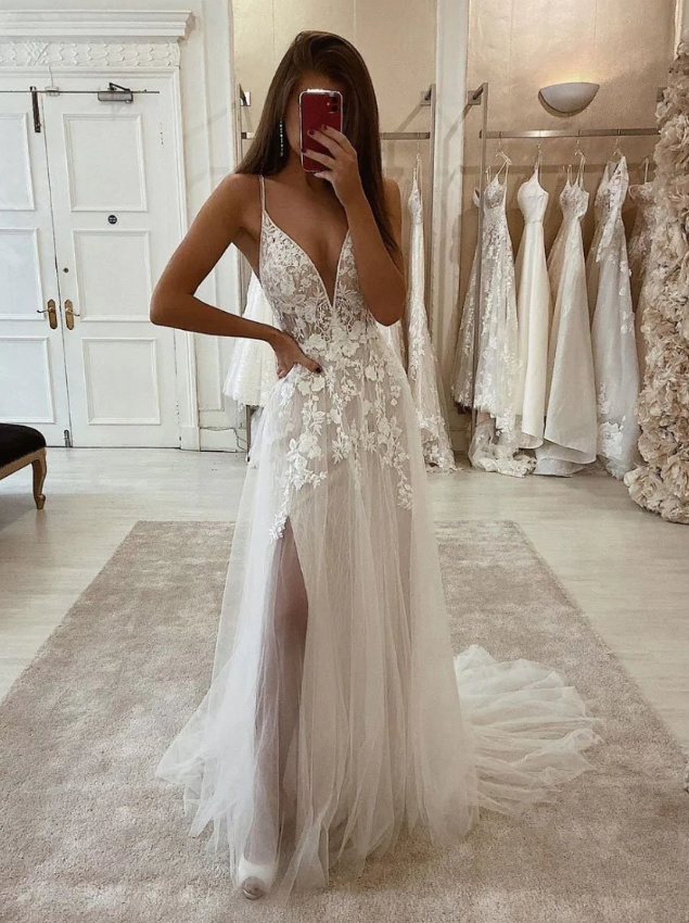 White v neck tulle lace long prom dress, white lace evening dress fg981