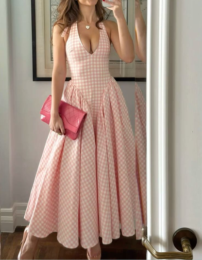 A Line Halter Sleeveless Plaid dress Evening Party Gowns    fg7423