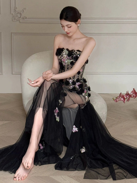 Black Long Prom Dress With Flowers Formal Evening Party Dress Birthday Outfit fg8258