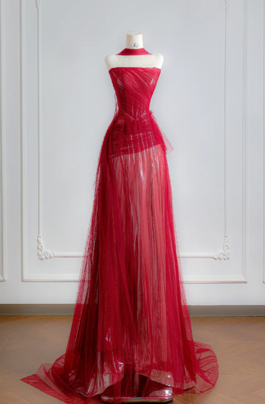 Strapless Red A Line Prom Dress Tulle Birthday Outfit Evening Dress fg8705