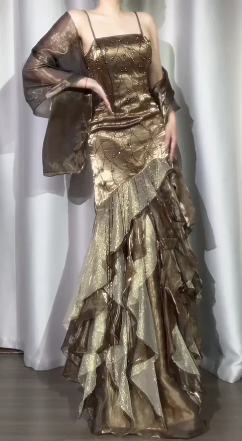 Gorgeous Sheath Long Prom Dress Spaghetti Straps Birthday Dress Beaded Satin Formal Dresses  fg8531